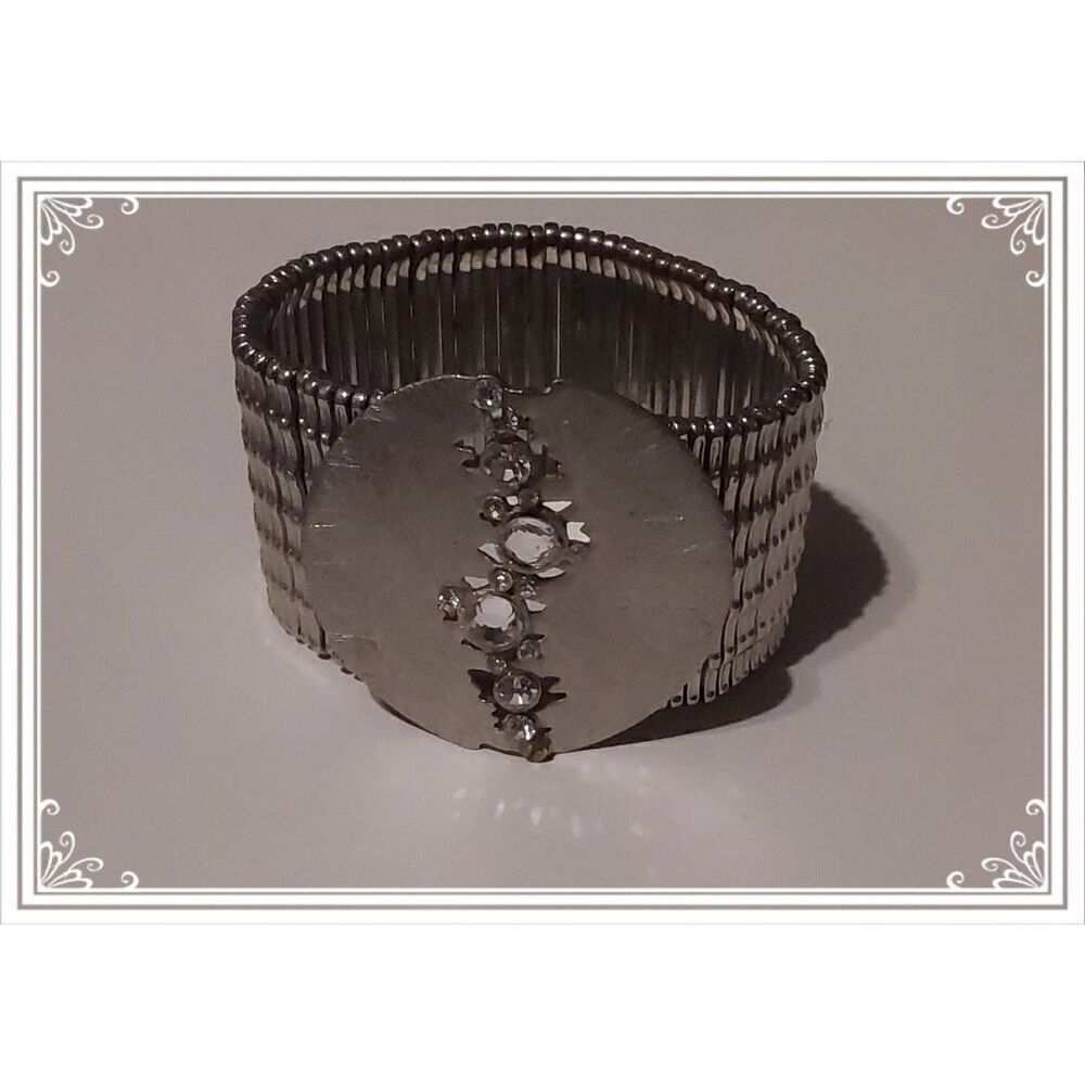 Pretty Silver & Rhinestone Medallion Art Deco Wide Stretch Bracelet